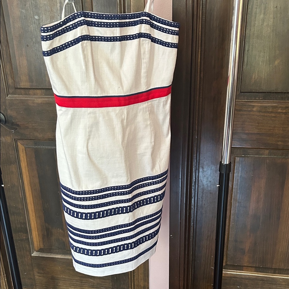 Vineyard Vines Strapless White Dress with Navy Stripes and Red Accent